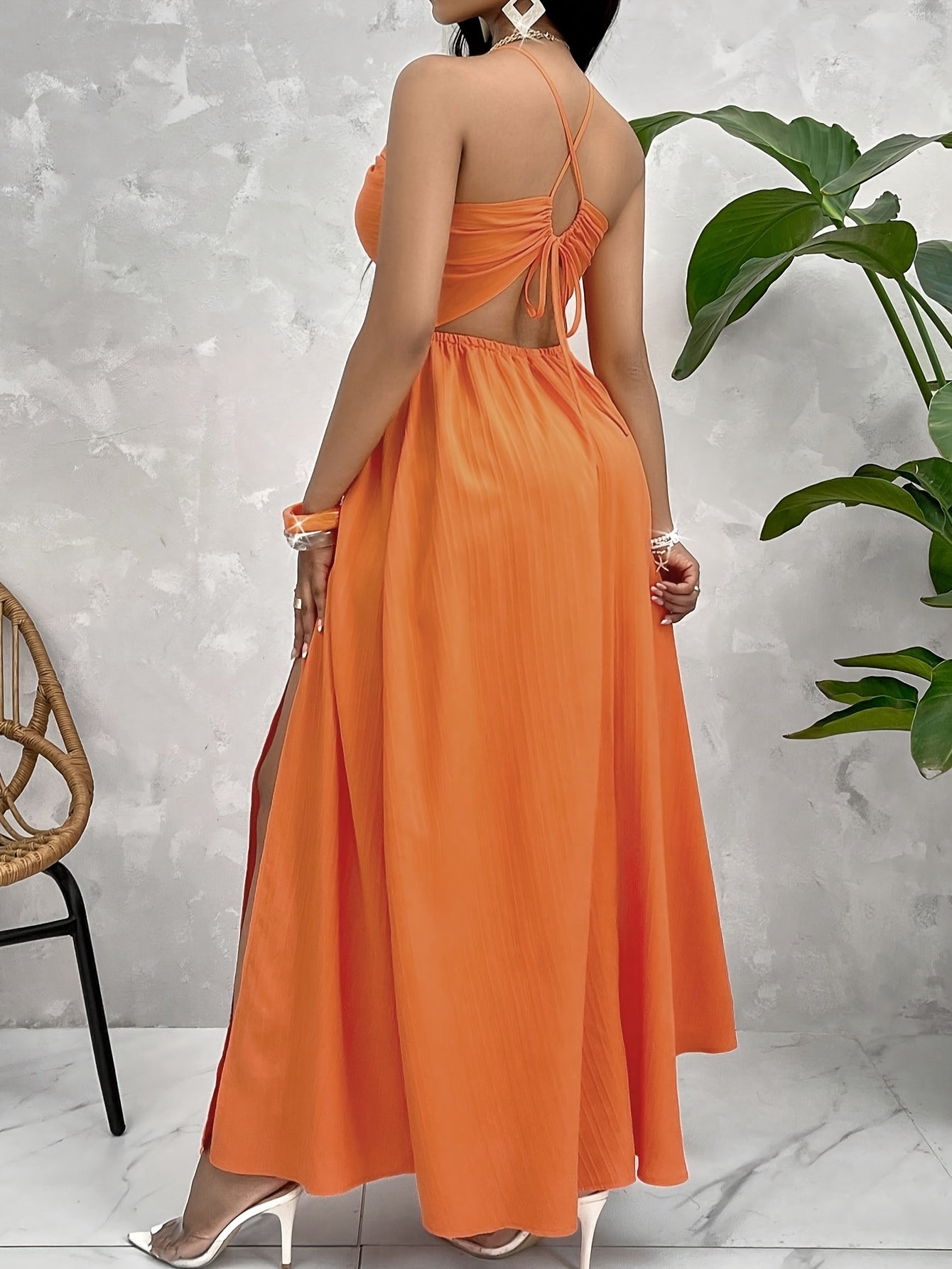 Womens Orange A-Line Maxi Dress with Slit