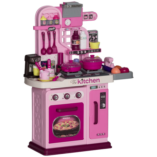 Kids Kitchen, Toy Kitchen, Toddler Pretend Play Kitchen with 33 Piece Accessories, Lights, Sounds, Storage, for Children 3-6 Years, Pink