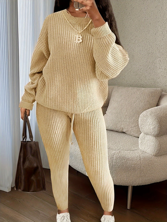 Solid Knitted Casual Two-piece Set, Crew Neck Long Sleeve Top & Pants Outfits, Women's Clothing