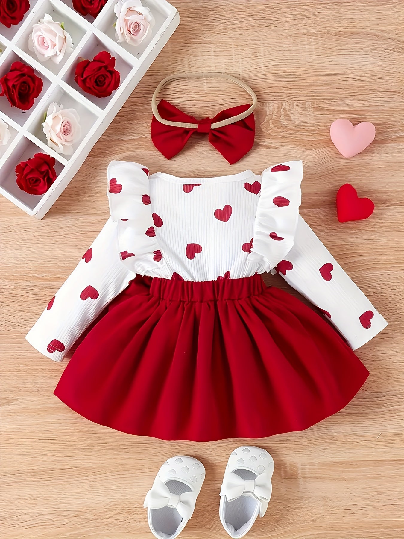 Baby Girl's Sweet Romantic Heart Print Ruffle Long Dress With Big Bow And Headband