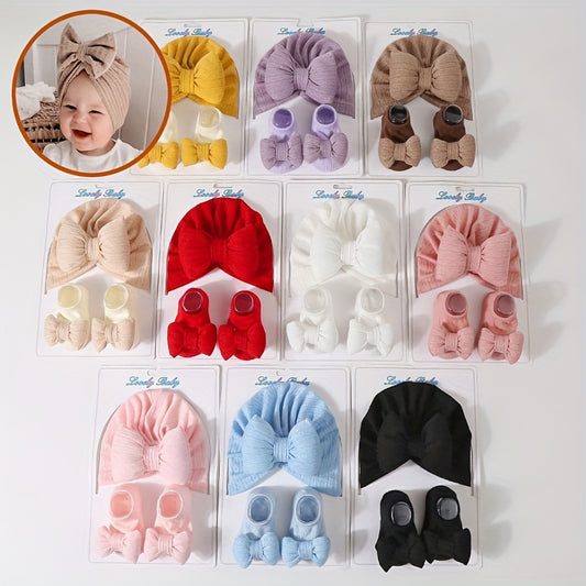 Two Piece  Newborn Knit Fleece Bow Hat & Sock Set
