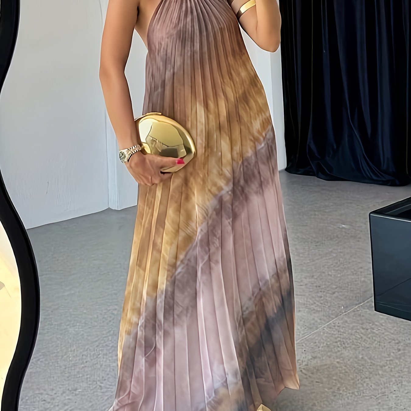 Elegant Women'S Athens Tie-Dye Pleated Maxi Dress - Sleeveless, Fitted, Spring/Summer Style, Perfect for Adult, Casual Attire|Sleeveless Dress|Tie Dye Pattern
