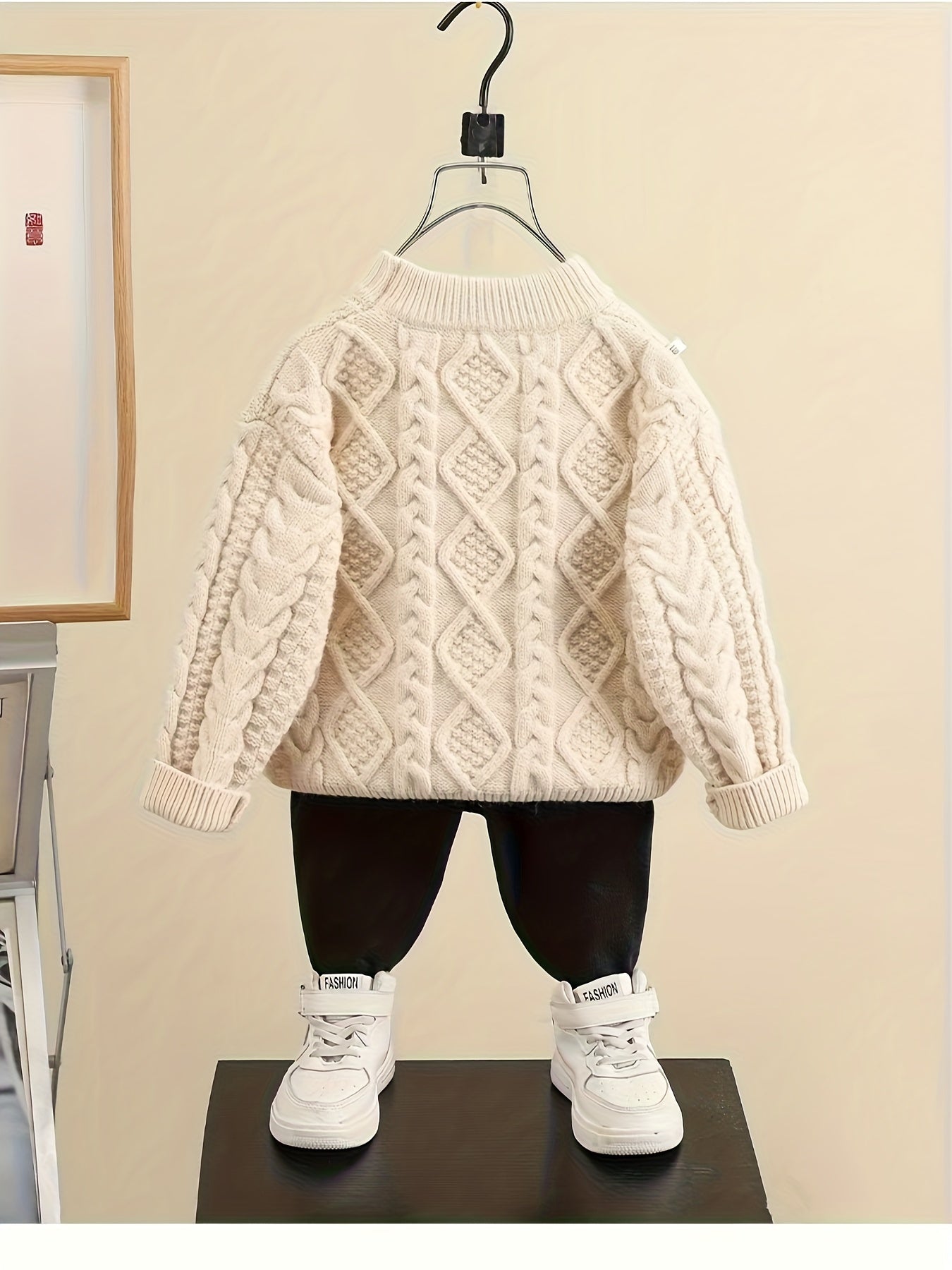 Baby Boy's Trendy Cable Knit Long Sleeves Sweater, Versatile Comfy Outdoor