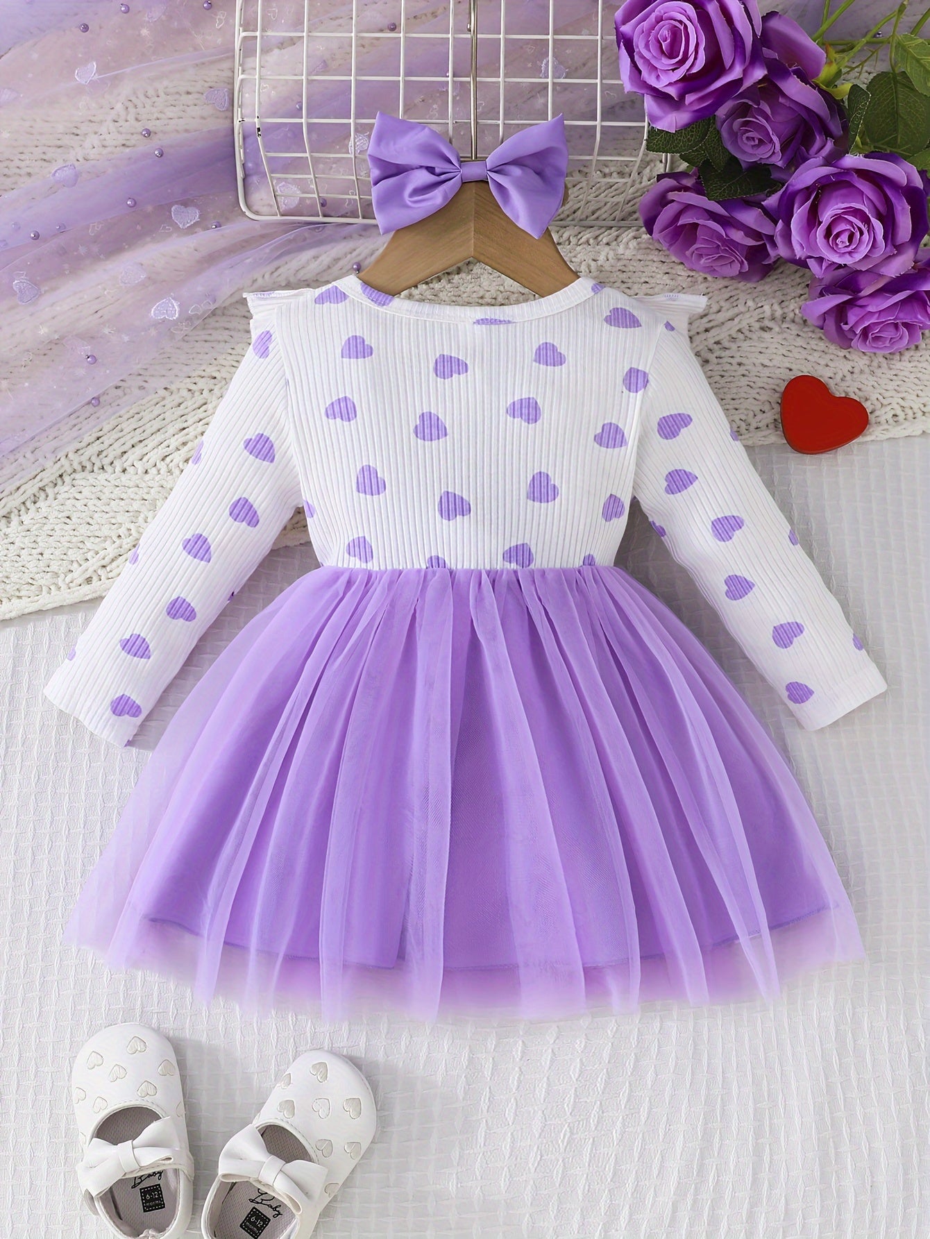 Girls' Cute Heart Pattern Long Sleeve Tulle Dress with Bow Headband