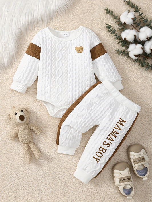 2pcs, Mama's Boy Pattern Textured Bodysuit And Pants For Baby Boys