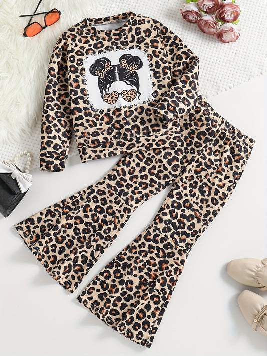 Sweatshirt & Leopard Pattern Flared Pants Set