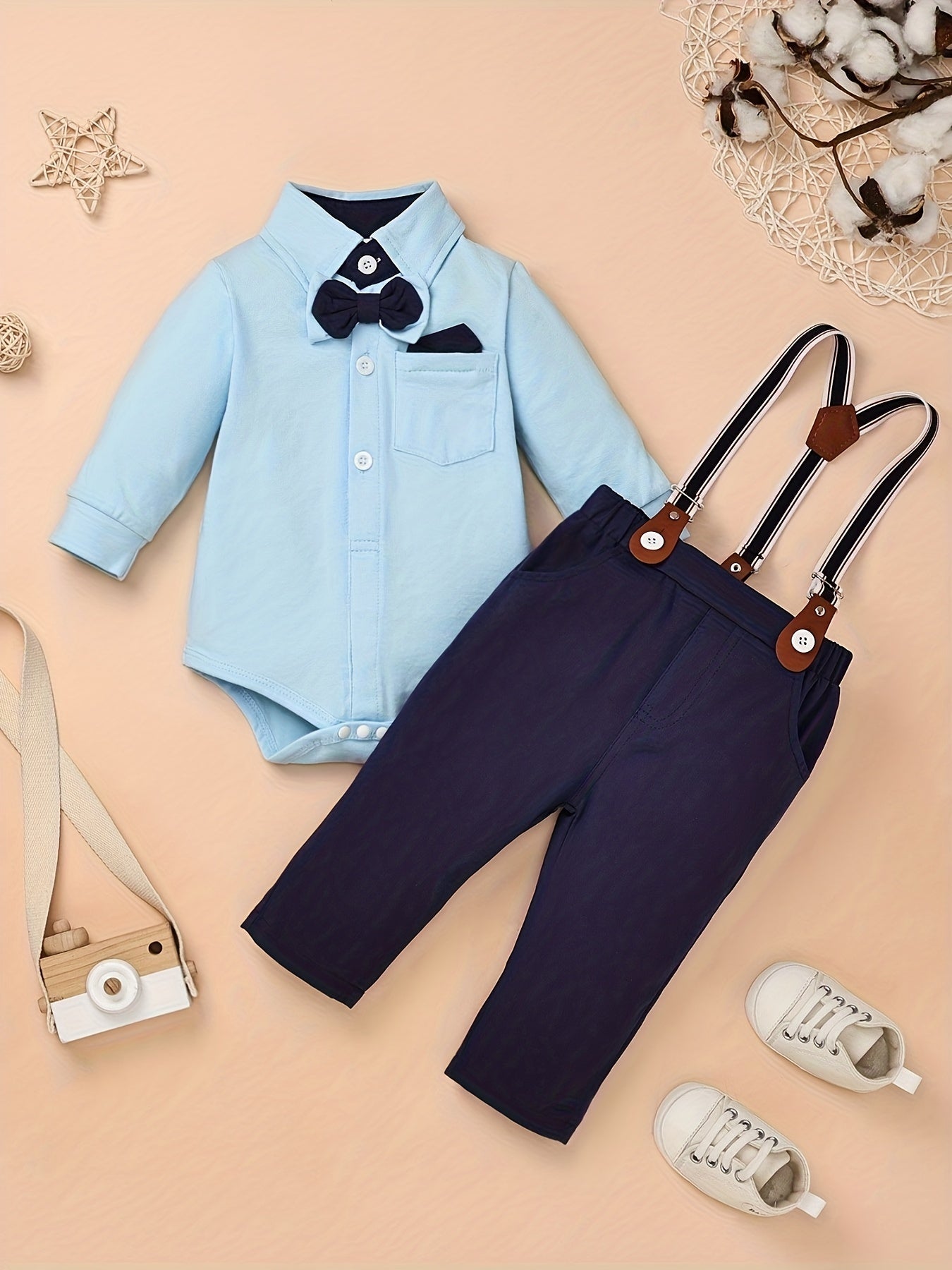 GentlemanLong Sleeve Shirt Romper + Strap Pocket Pants + Bowtie Casual Party