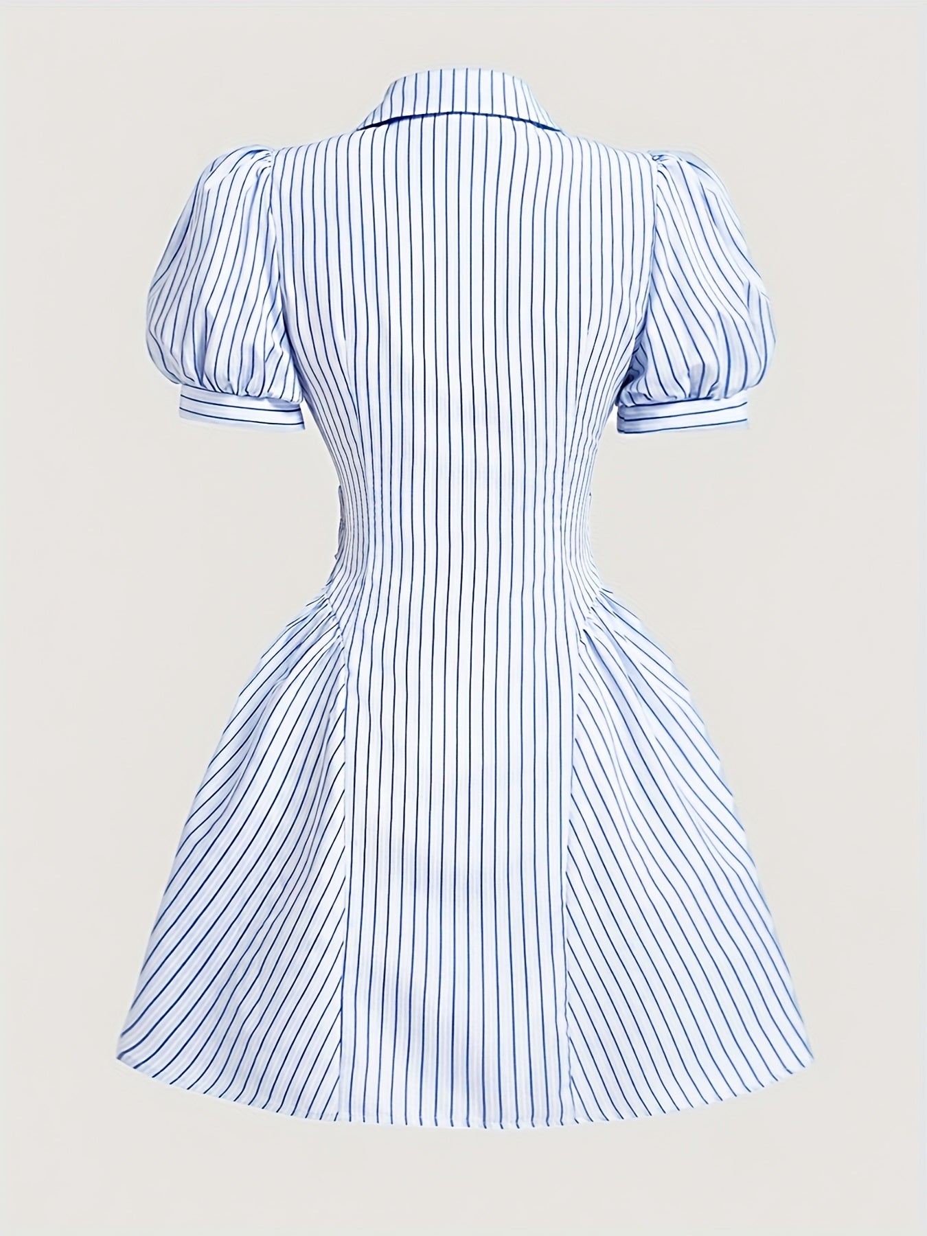 Women's Vintage Blue Striped Puff Sleeve Dress with Bow Detail - V-Neck A-Line Asymmetrical Hem Short Summer Dress, Machine Washable Casual Elegant Style for Back to, Homecoming & Teacher Outfits, Retro Dress, Buttondown Fron