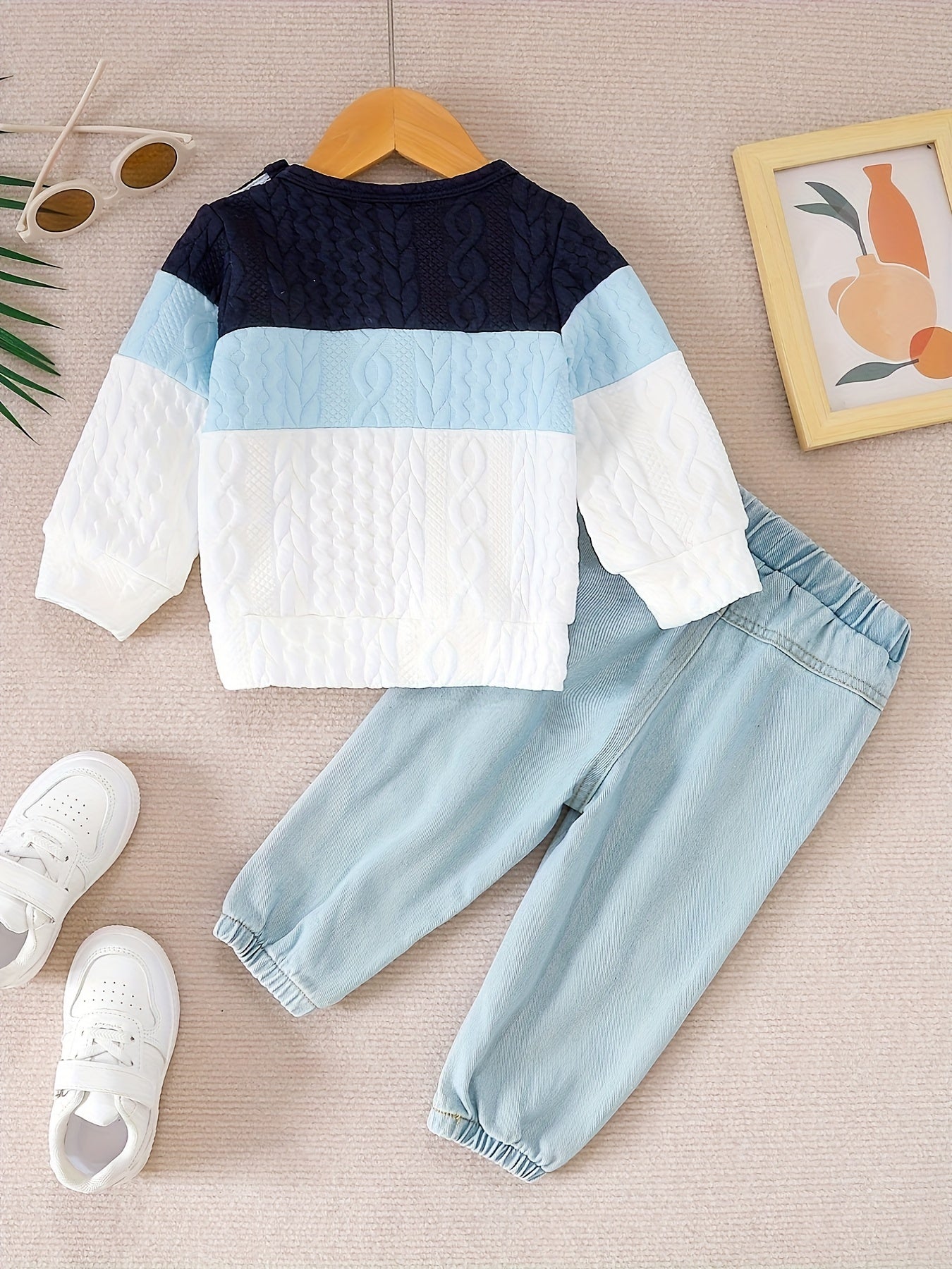 Baby's Color Clash Jacquard Sweatshirt & Casual Ripped Jeans