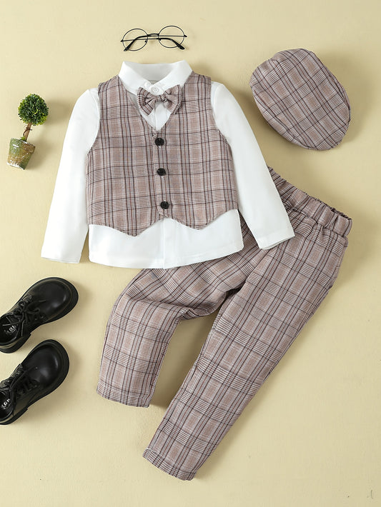 Formal Gentleman Outfits Long Sleeve Bowtie Shirt & Pants & Vest & Hat