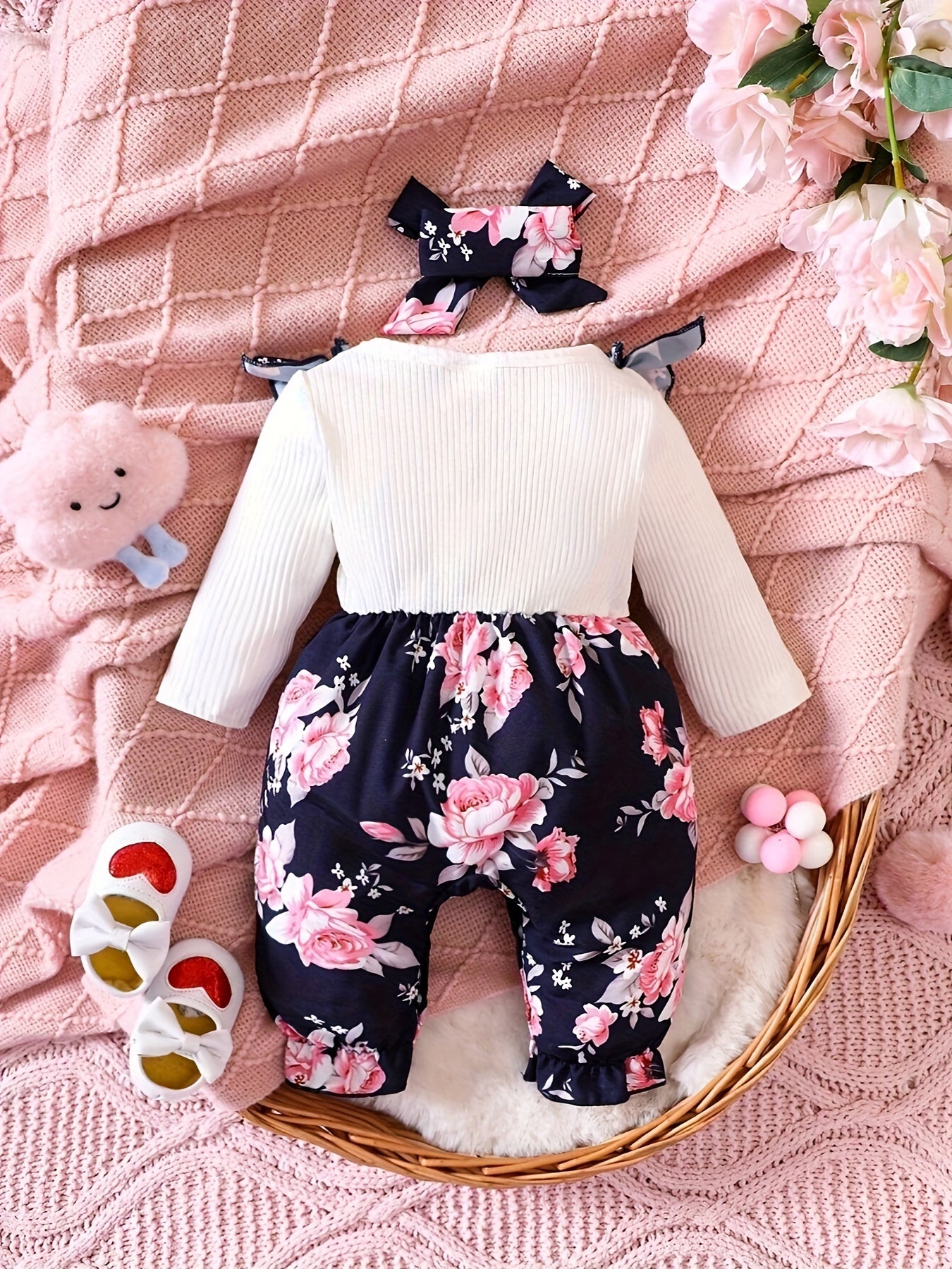 Baby's Bow Decor Flower Pattern Faux Two-piece Long Sleeve Romper