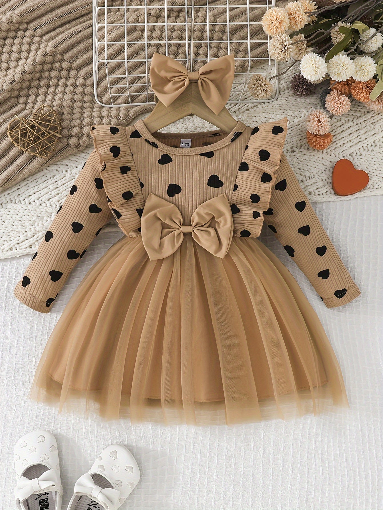 Girls' Cute Heart Pattern Long Sleeve Tulle Dress with Bow Headband