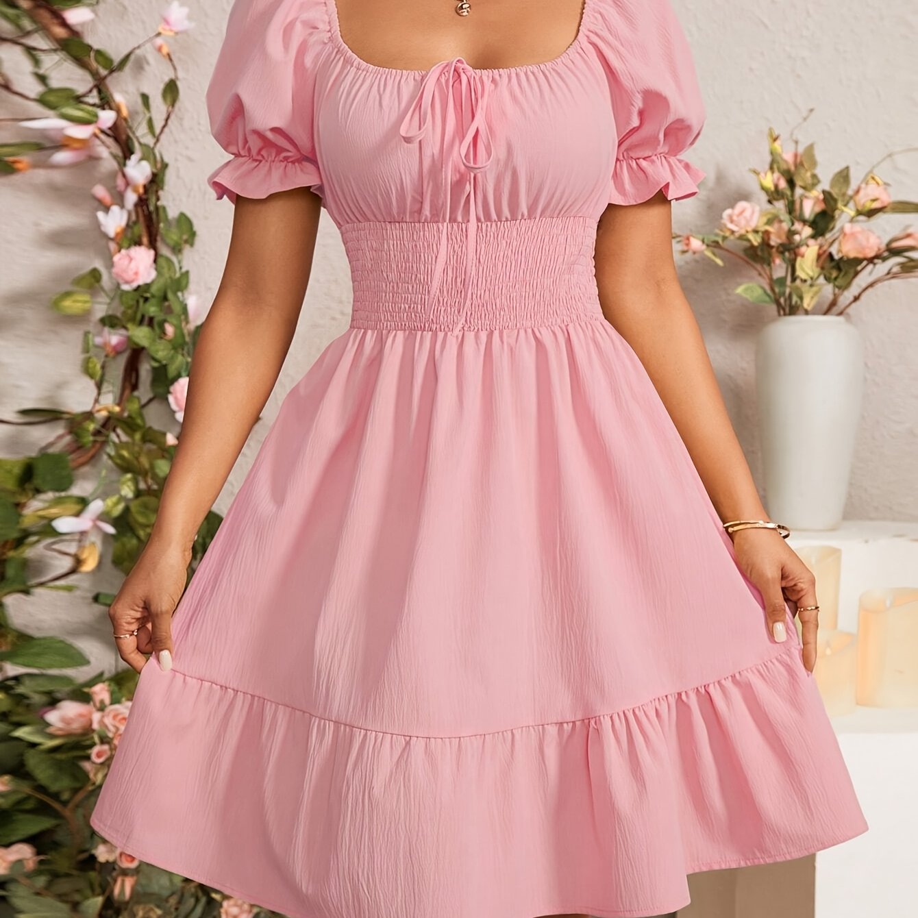 Women's Tie-Back Bubble Sleeve Ruffled Hem Dress