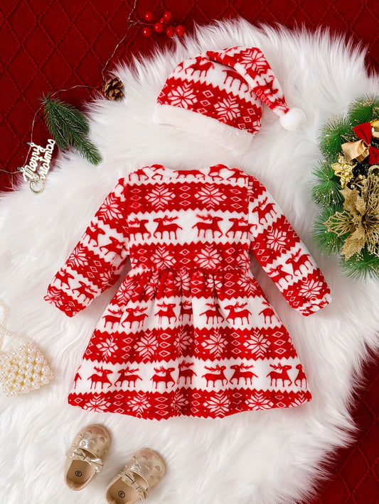 Infant Girls Christmas Dress Set, Long Sleeve Knit Dress with Matching Hat