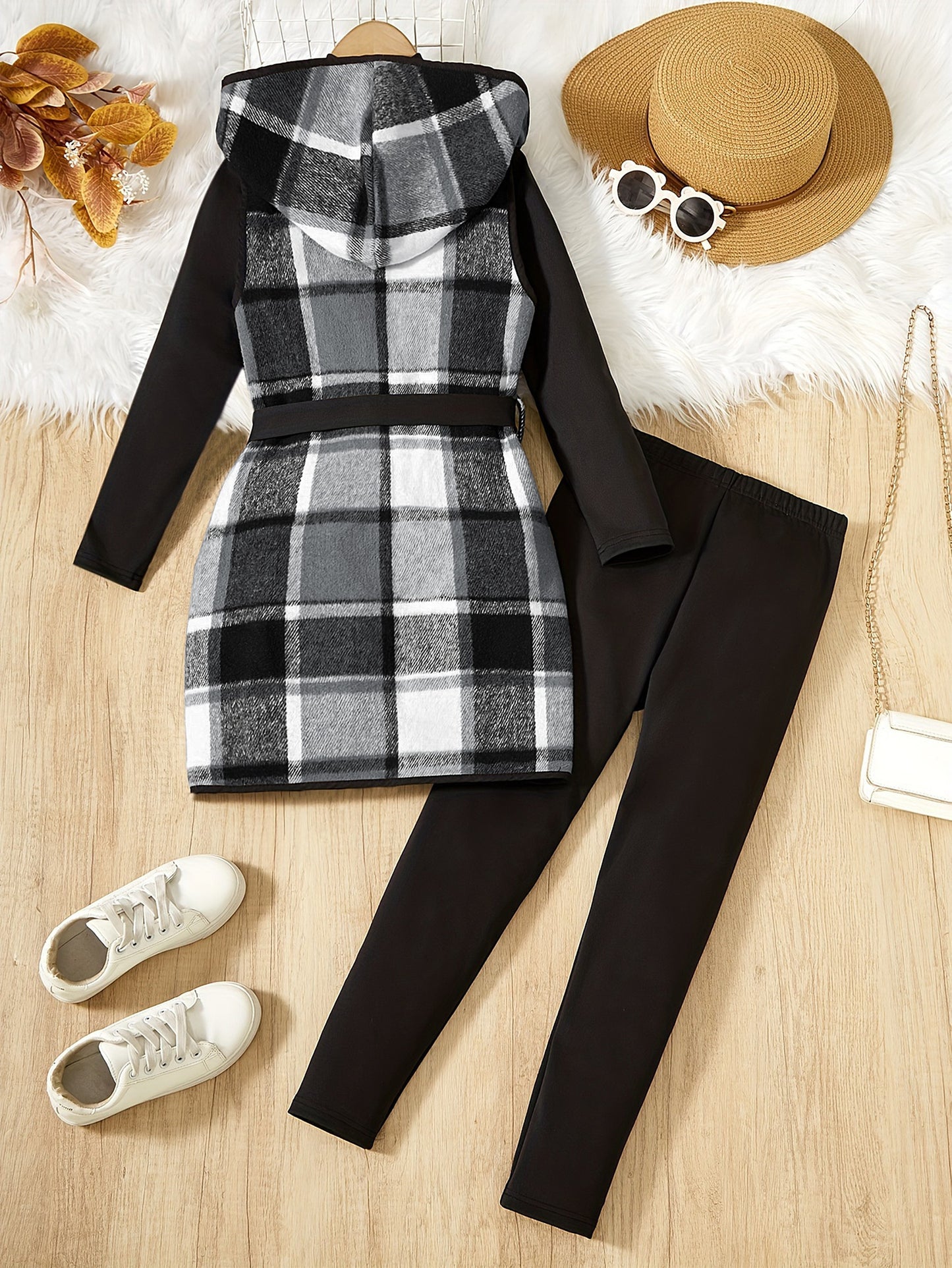 Elegant Plaid Hooded , Long Sleeve Pullover, Trousers