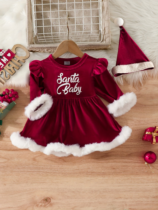 Baby Christmas Letter Print Plush Long Sleeve Triangle Bodysuit Hairball Hat Set