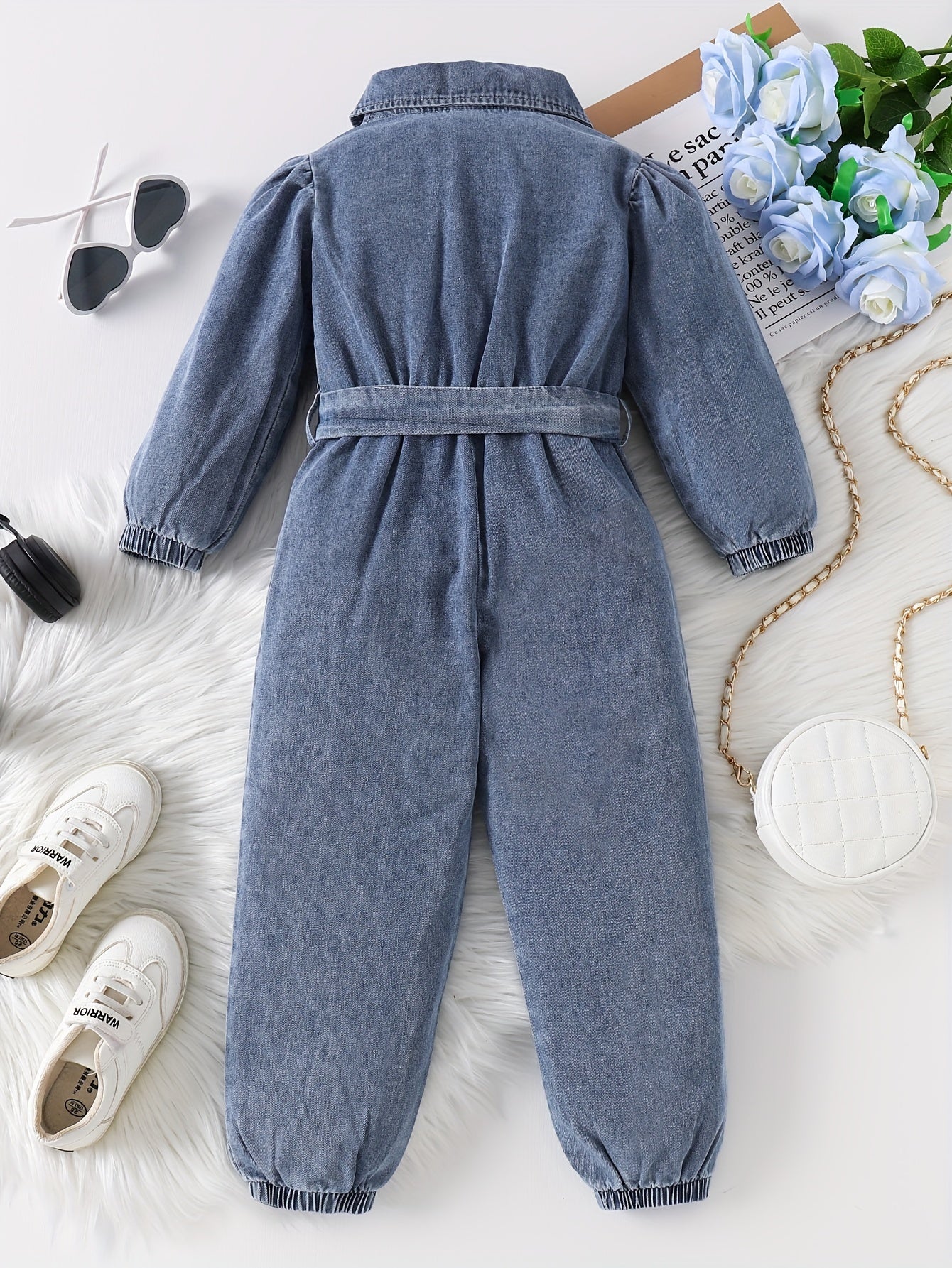 Girls Ripped Denim Long Sleeve Jumpsuit