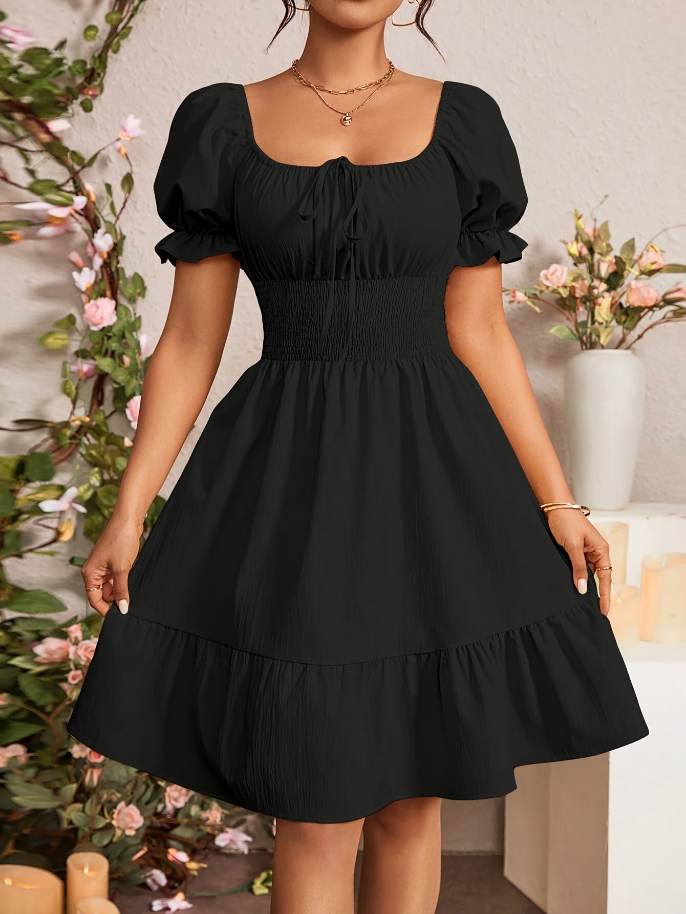Women's Tie-Back Bubble Sleeve Ruffled Hem Dress