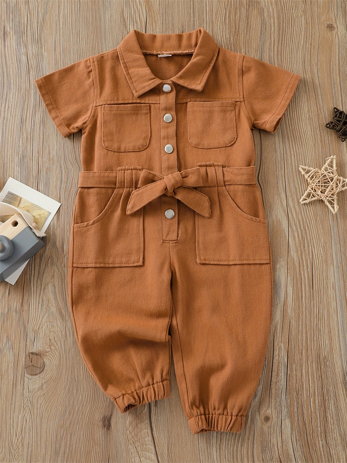 Toddler Girls Casual Button Down Denim Jumpsuit With Belt And Pockets