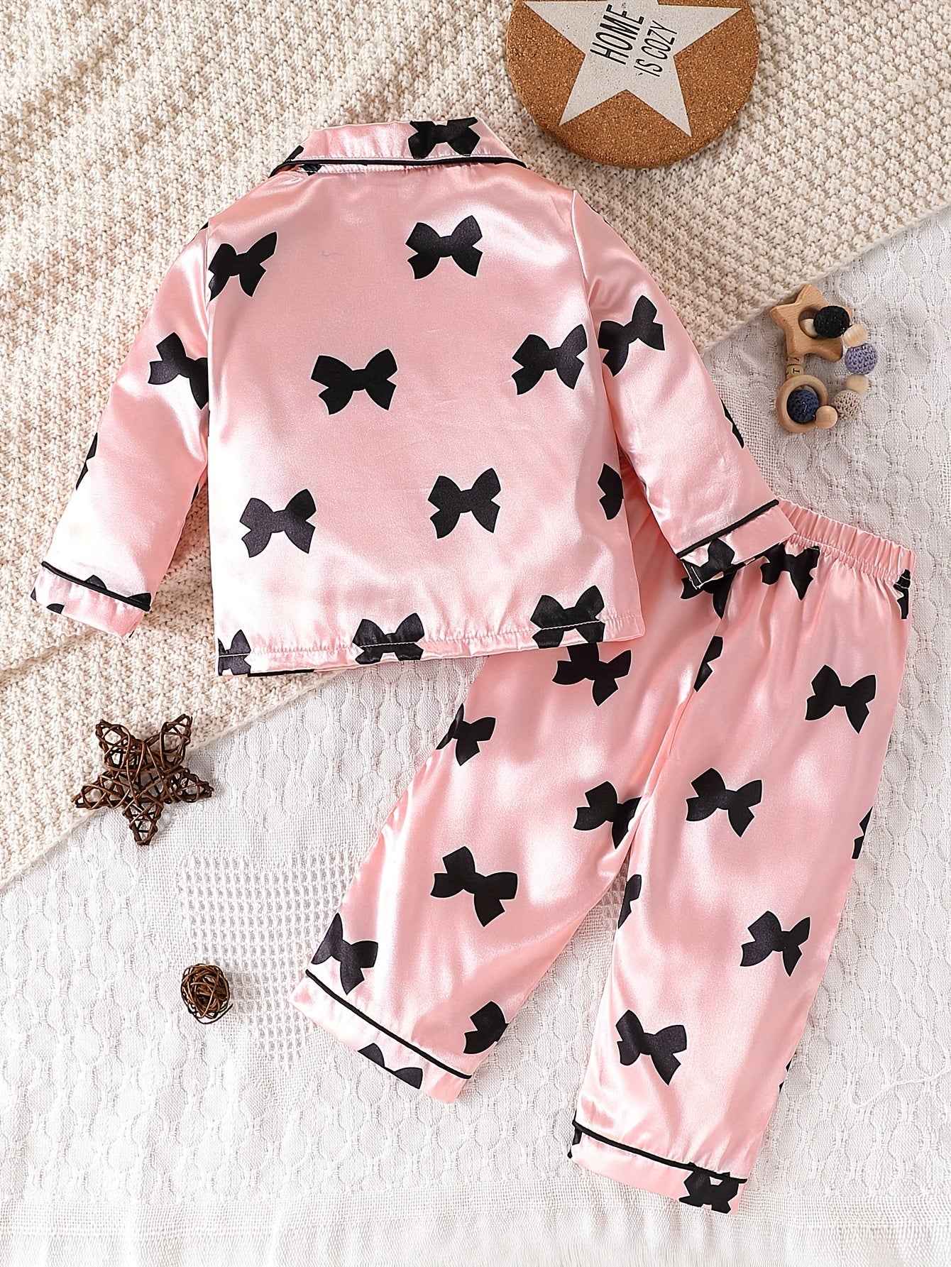 Baby Girl's Elegant Pajama Set, Cute Bow Print Lapel Long Sleeve Shirts & Trousers