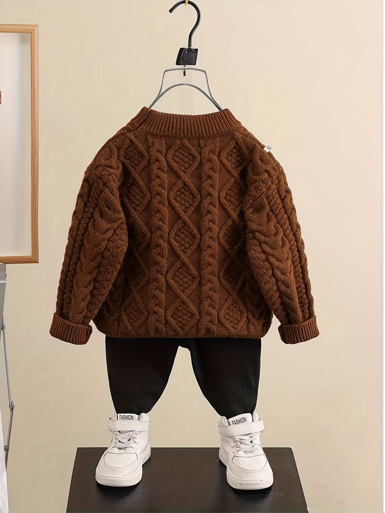 Baby Boy's Trendy Cable Knit Long Sleeves Sweater, Versatile Comfy Outdoor