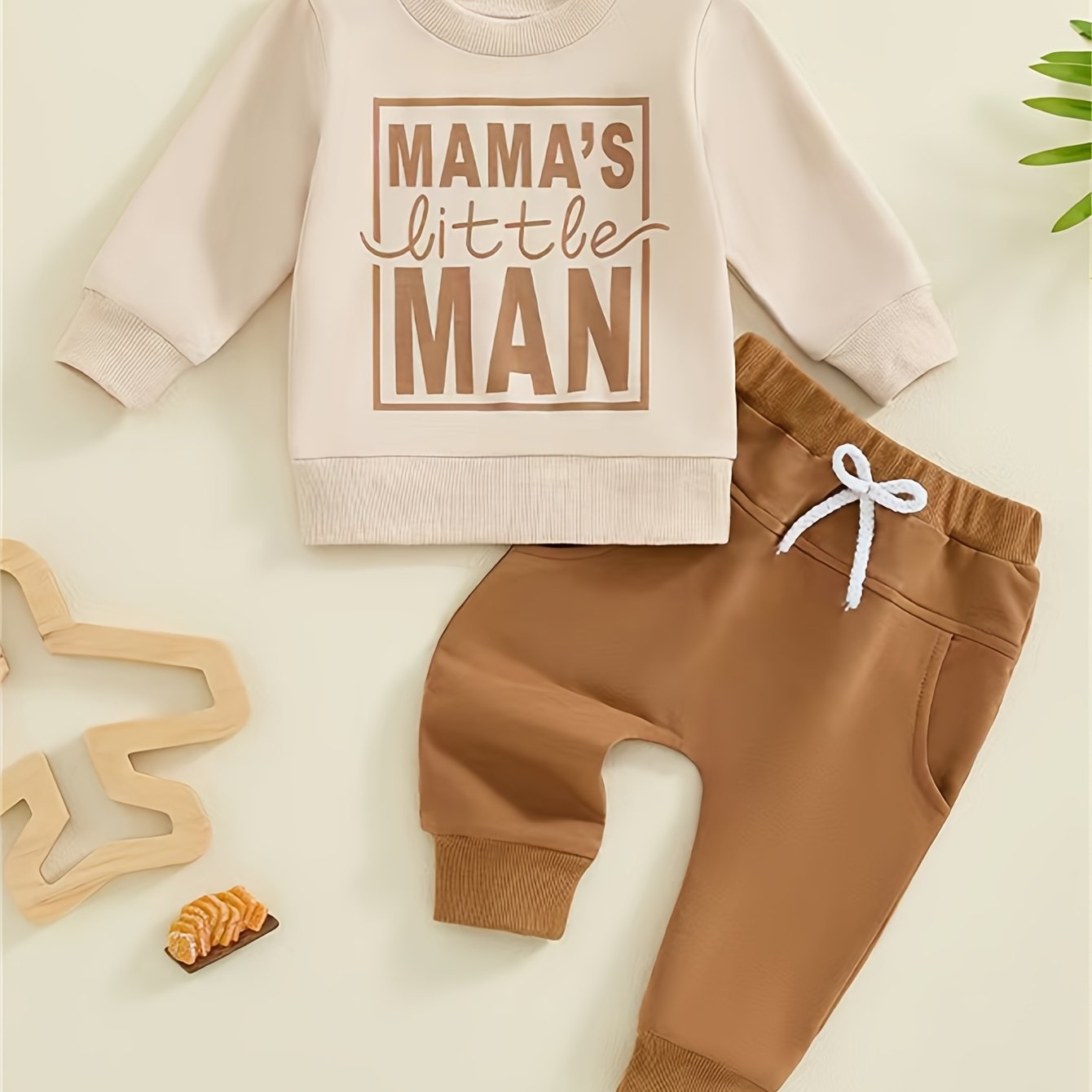 Baby's "Mama's Little Man" Print Sweatshirt & Casual Pants Outdoor Set