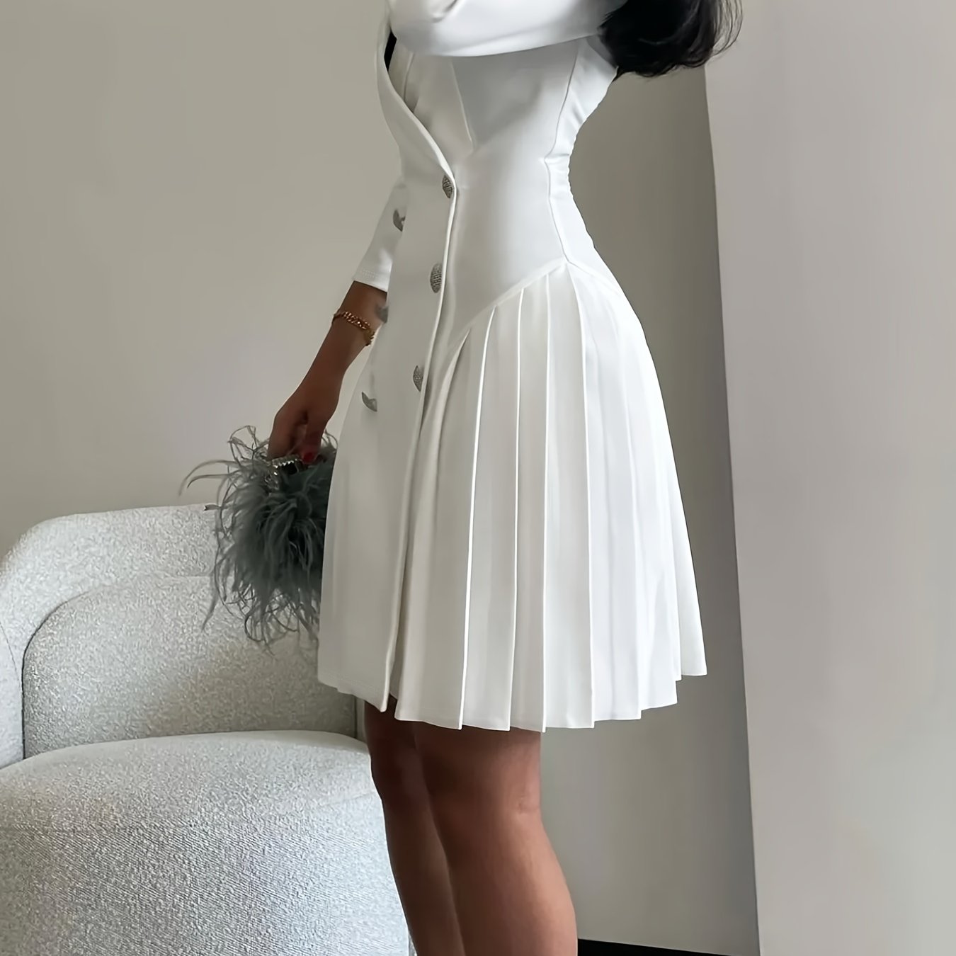 Elegant V-Neck Pleated Button Dress for Women - Solid Color, Polyester & Spandex Blend, Machine Washable