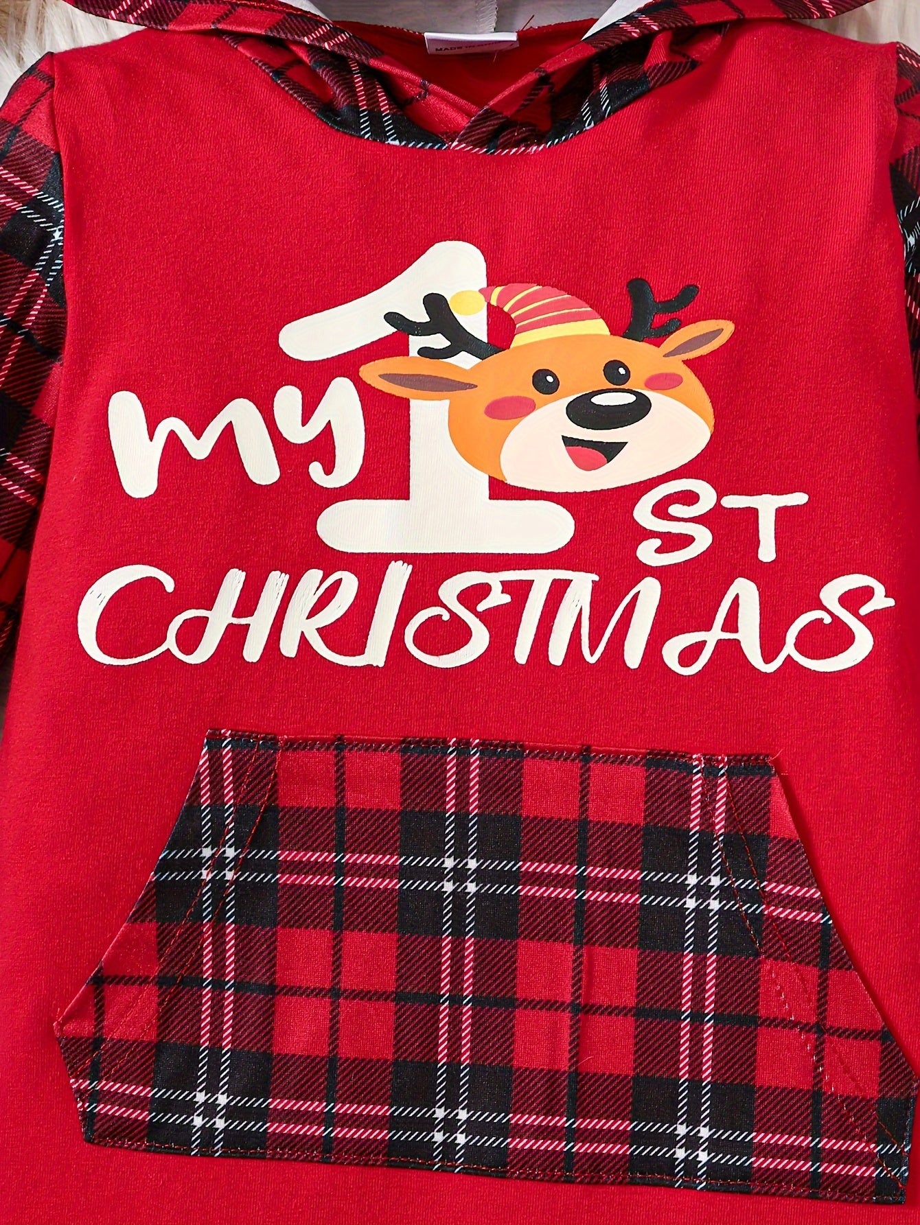 My 1st Christmas & Reindeer Print Long Sleeves Hooded Jumpsuit, Plaid Patterns Clothes For Leisure