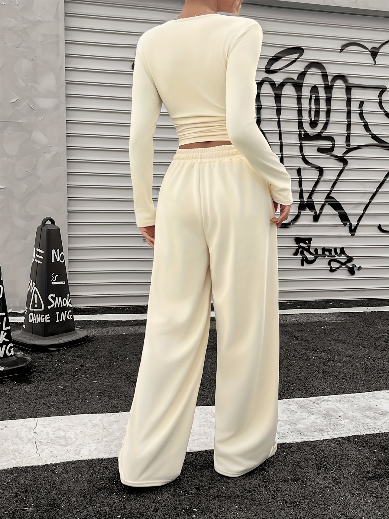 Women'S Casual Crew Neck Long Sleeve Top & Loose Wide Leg Pants Set