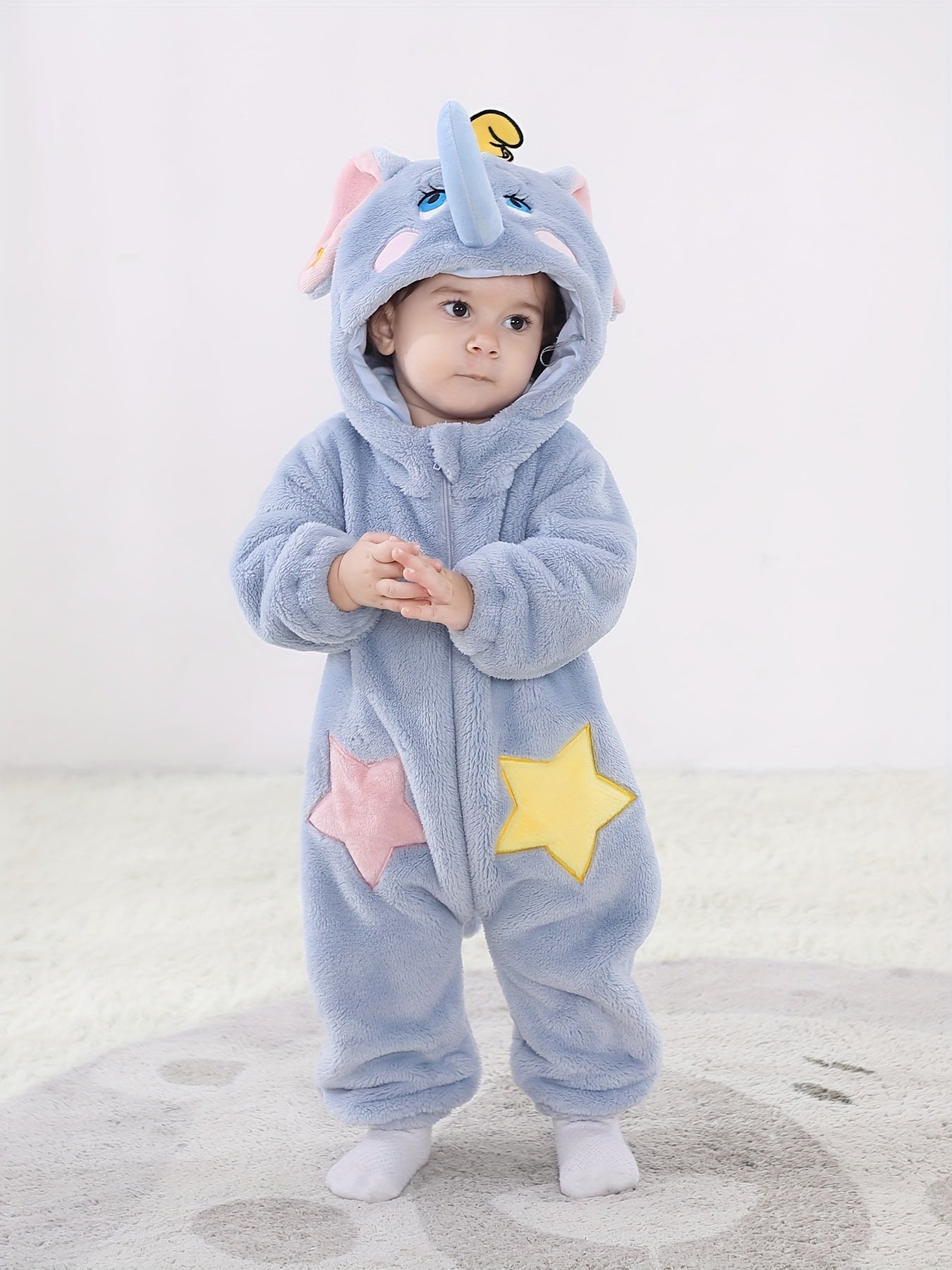 Baby Cute Blue Elephant Hooded Single Layer Onesie