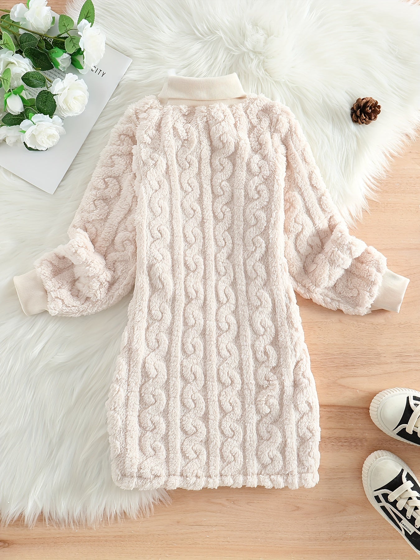 Girls Winter Thickened Fleece Turtleneck Dress