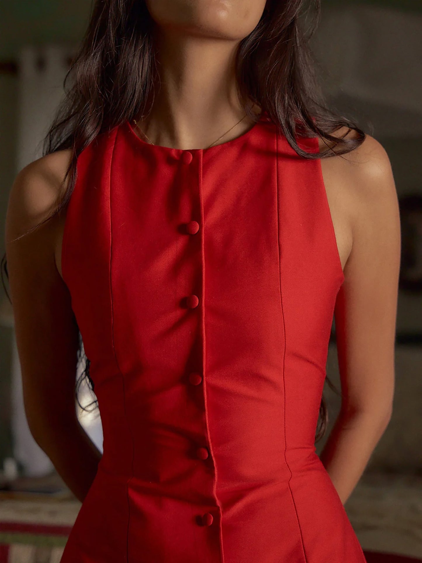 Vintage Red Sleeveless Tank Dress with Faux Button