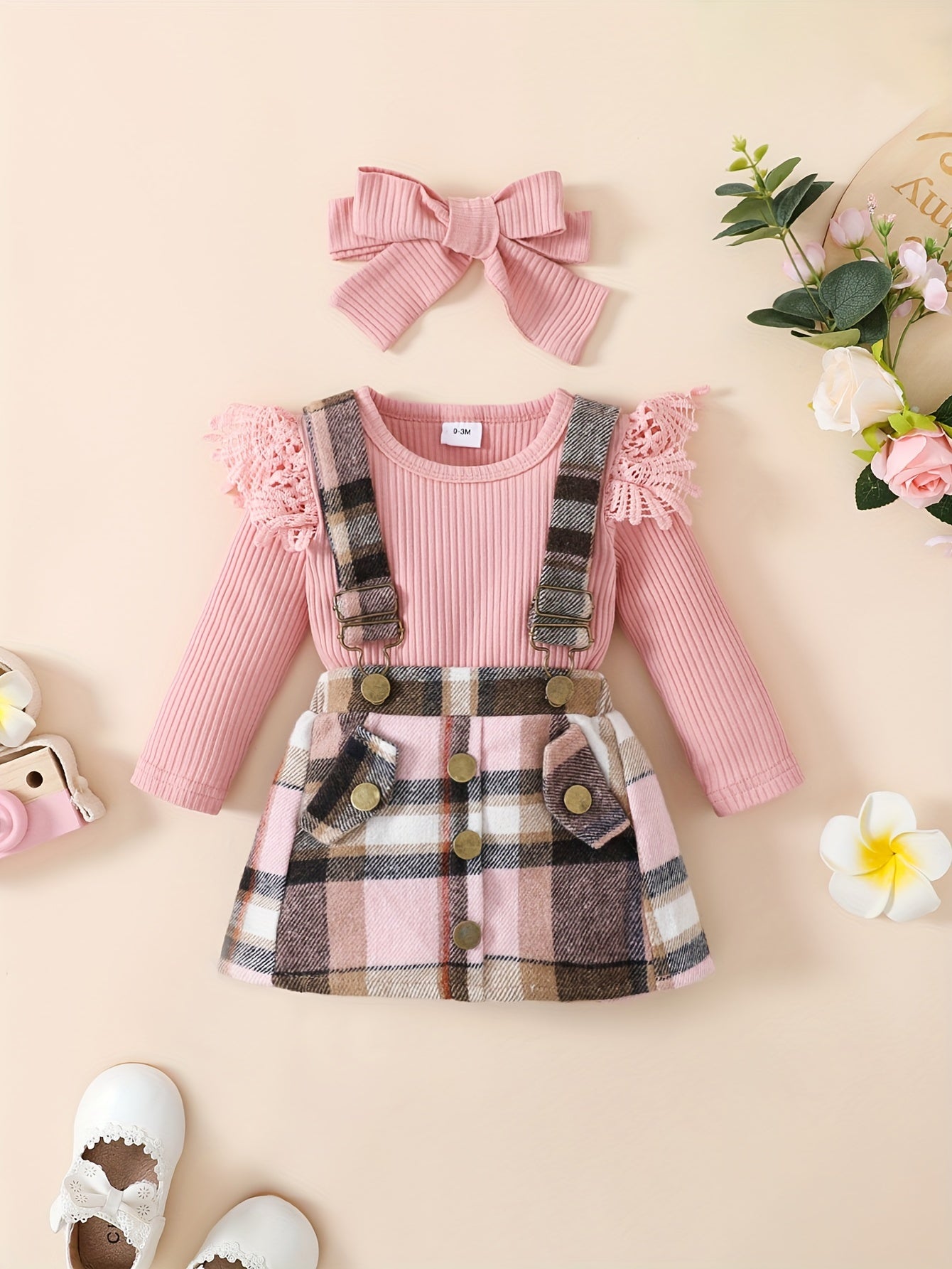 Cozy Cotton Blend Long Sleeve Romper, Plaid Skirt with Adjustable Straps & Matching Headband