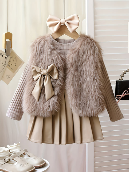 Cute Solid Color Polyester Sweater Dress with Long Sleeves, Bow Detail, and Skirt