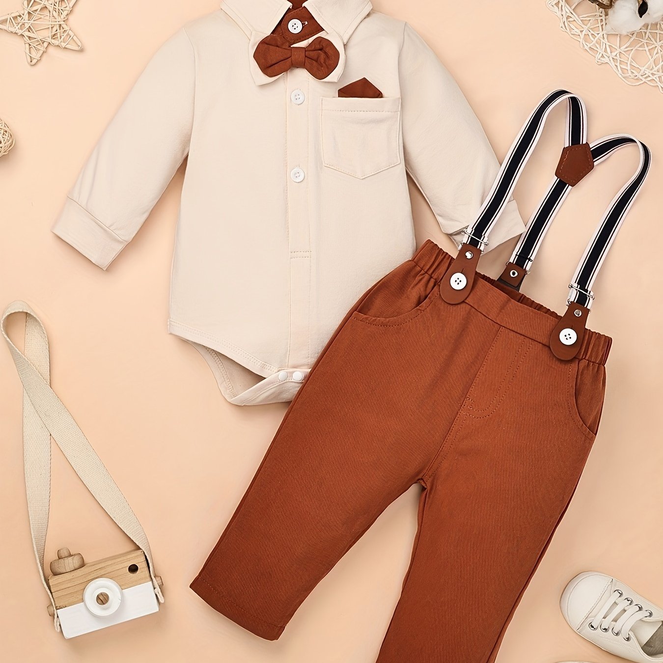 GentlemanLong Sleeve Shirt Romper + Strap Pocket Pants + Bowtie Casual Party