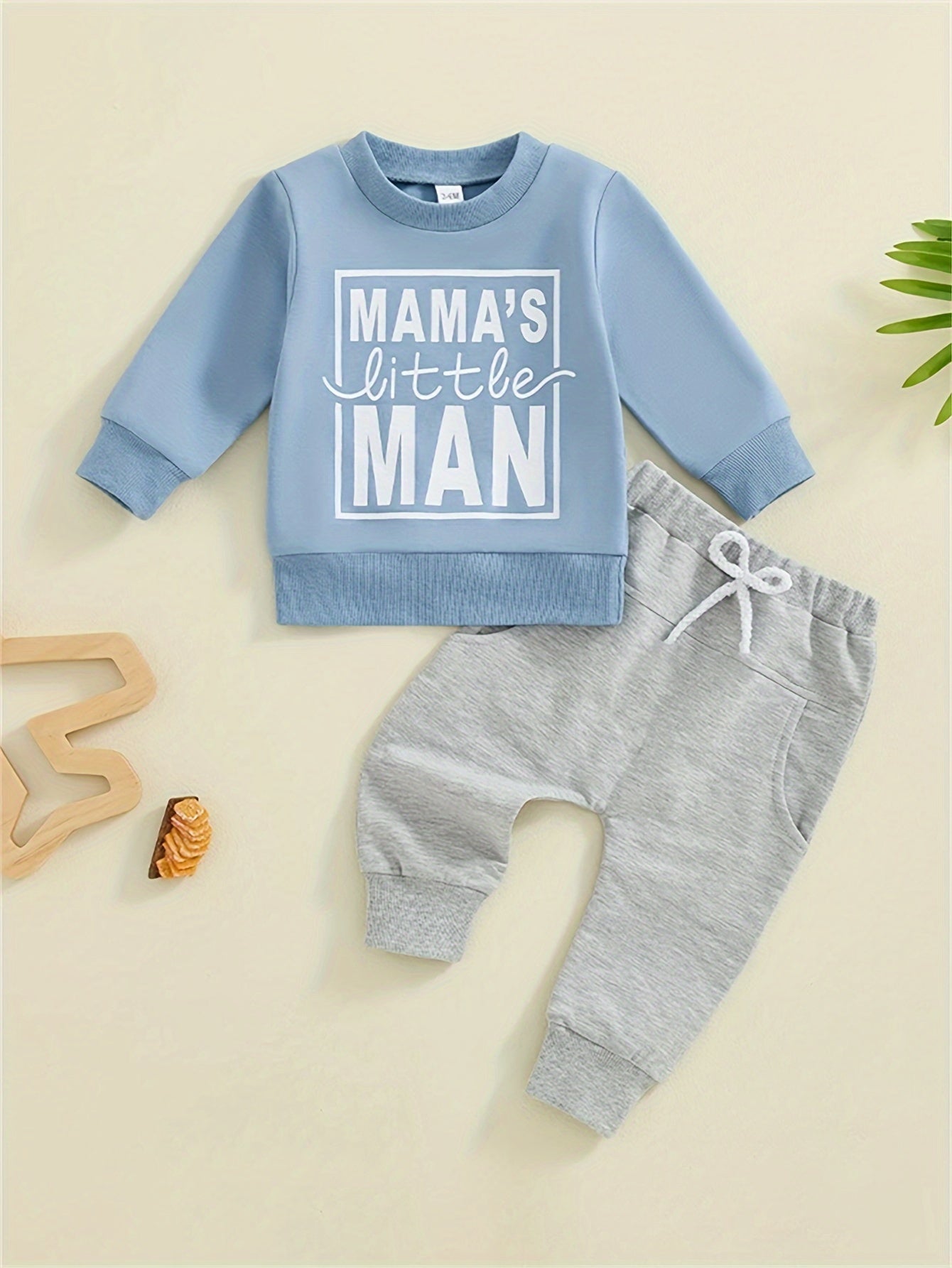 Baby's "Mama's Little Man" Print Sweatshirt & Casual Pants Outdoor Set