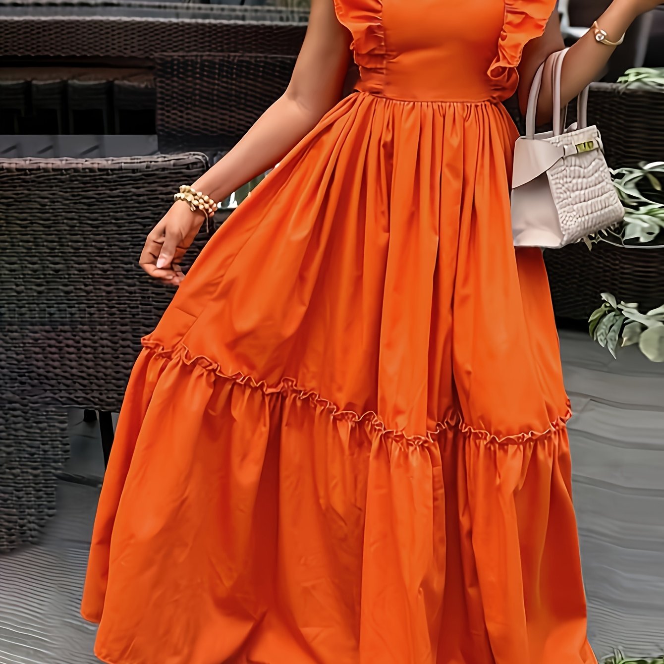 Elegant Ruffle Trimmed ALine  Round Neck, Cinched Waist Design Dress