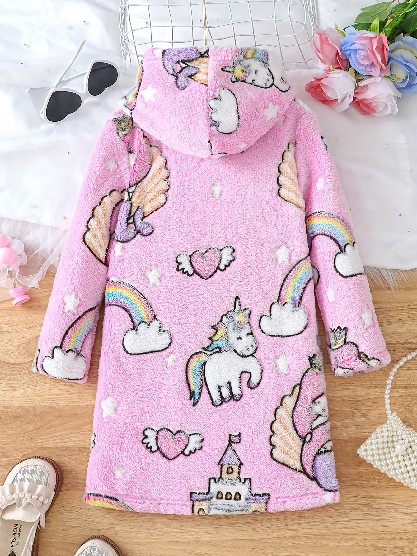 Girls Warm & Cute Long Sleeve Cartoon Flowers & Horse Rainbow & Retro Geometric Pattern Plush Hooded Dress For Fall & Winter Outdoors