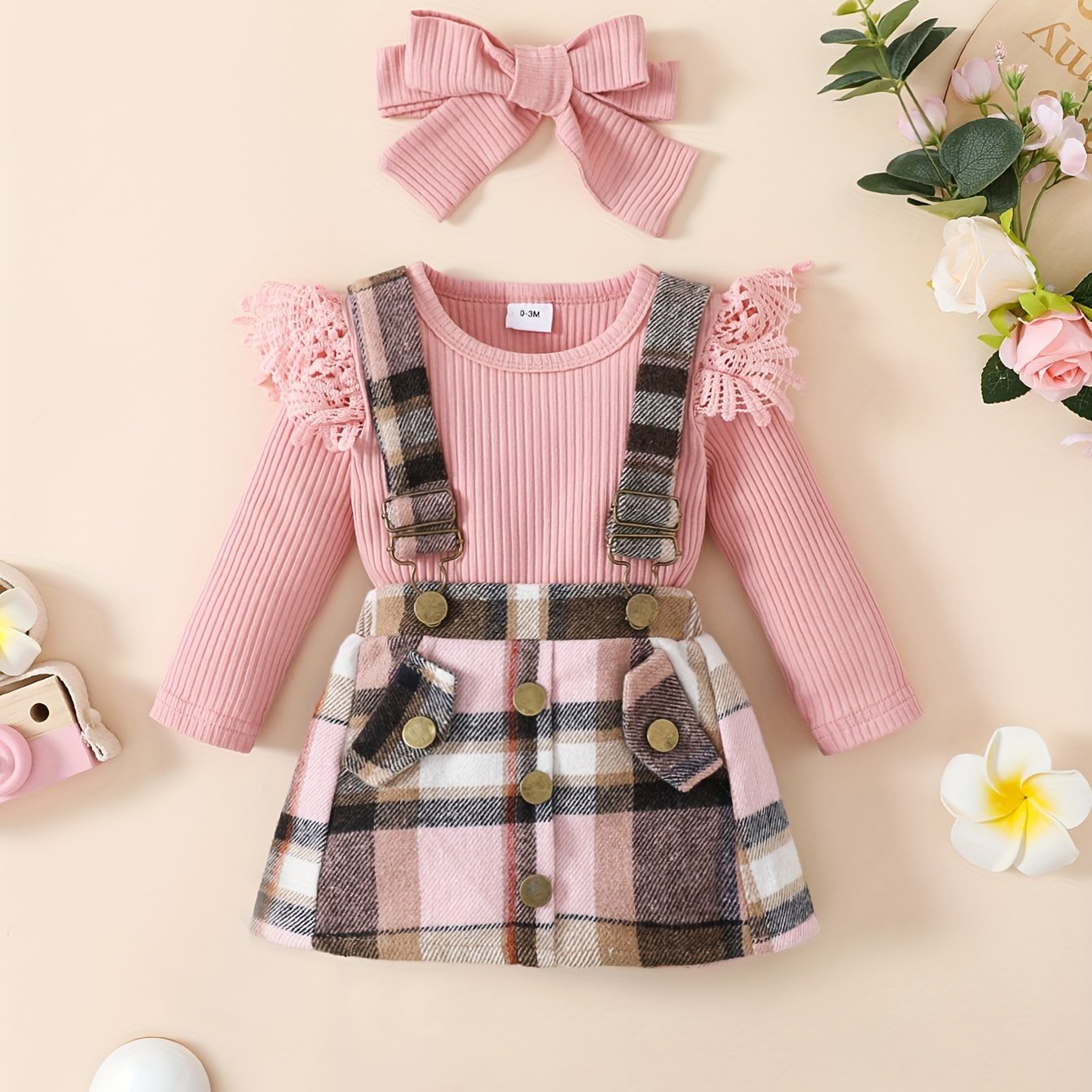 Cozy Cotton Blend Long Sleeve Romper, Plaid Skirt with Adjustable Straps & Matching Headband