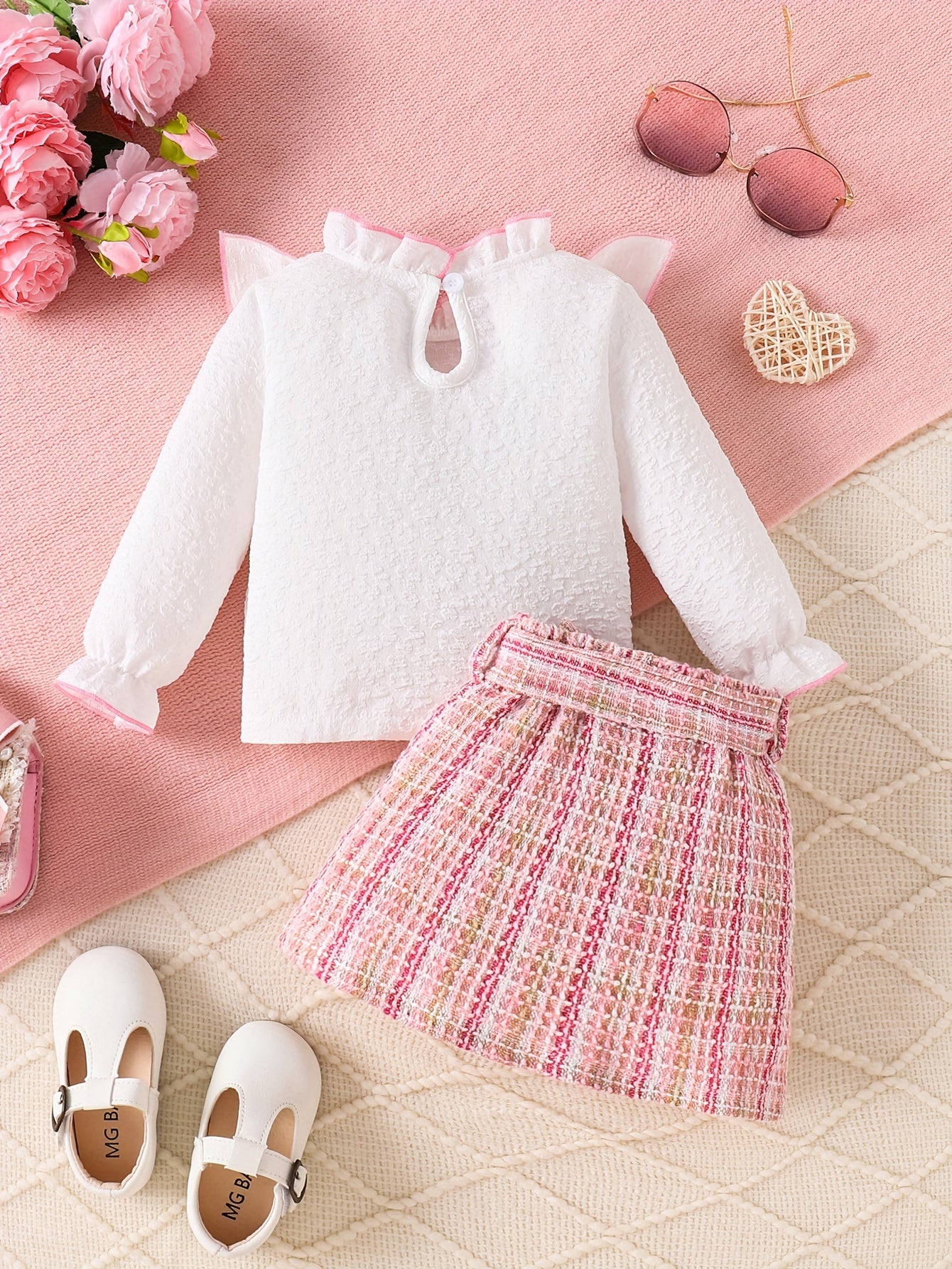 Adorable Girls' 3pcs Outfit Set: Ruffle-Trim Top, Plaid Skirt & Belt
