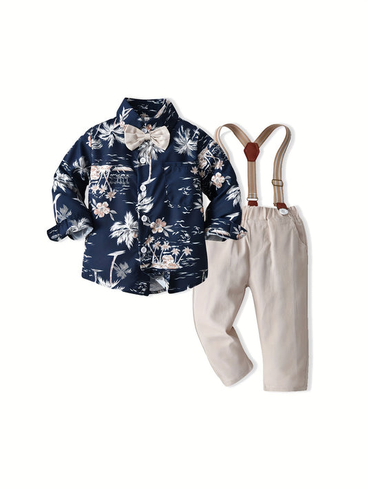 Casual Cotton Blend Floral Print Suit with Long Sleeve Shirt and Elastic Waist Suspenders Pants