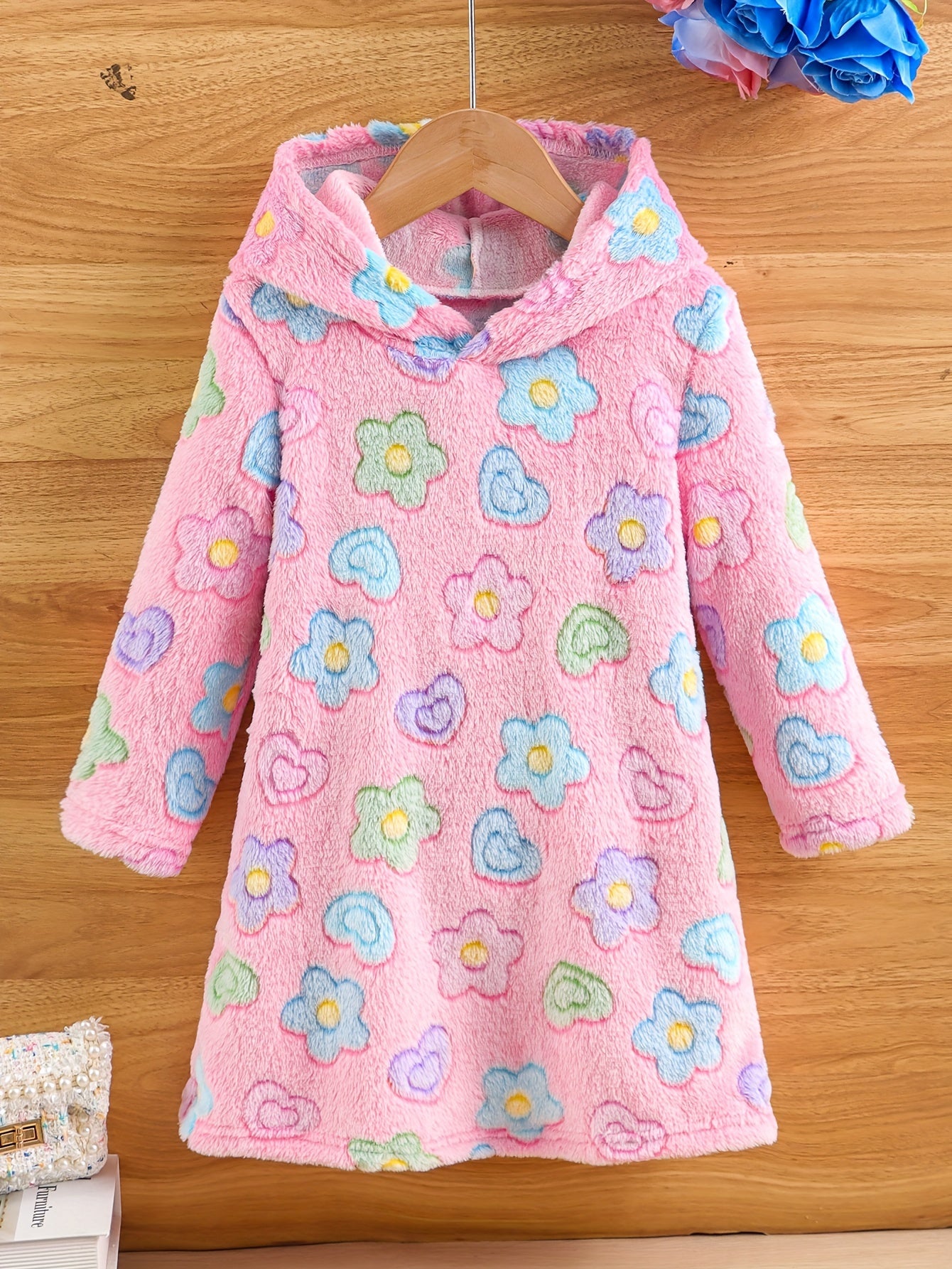 Girls Warm & Cute Long Sleeve Cartoon Flowers & Horse Rainbow & Retro Geometric Pattern Plush Hooded Dress For Fall & Winter Outdoors