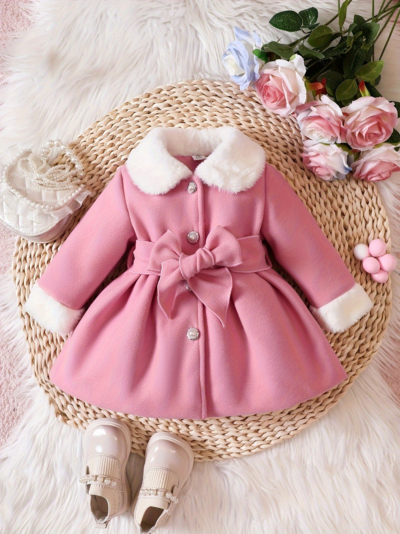 Baby's Elegant Fuzzy Collar Belted Coat, Button Front Warm Overcoat