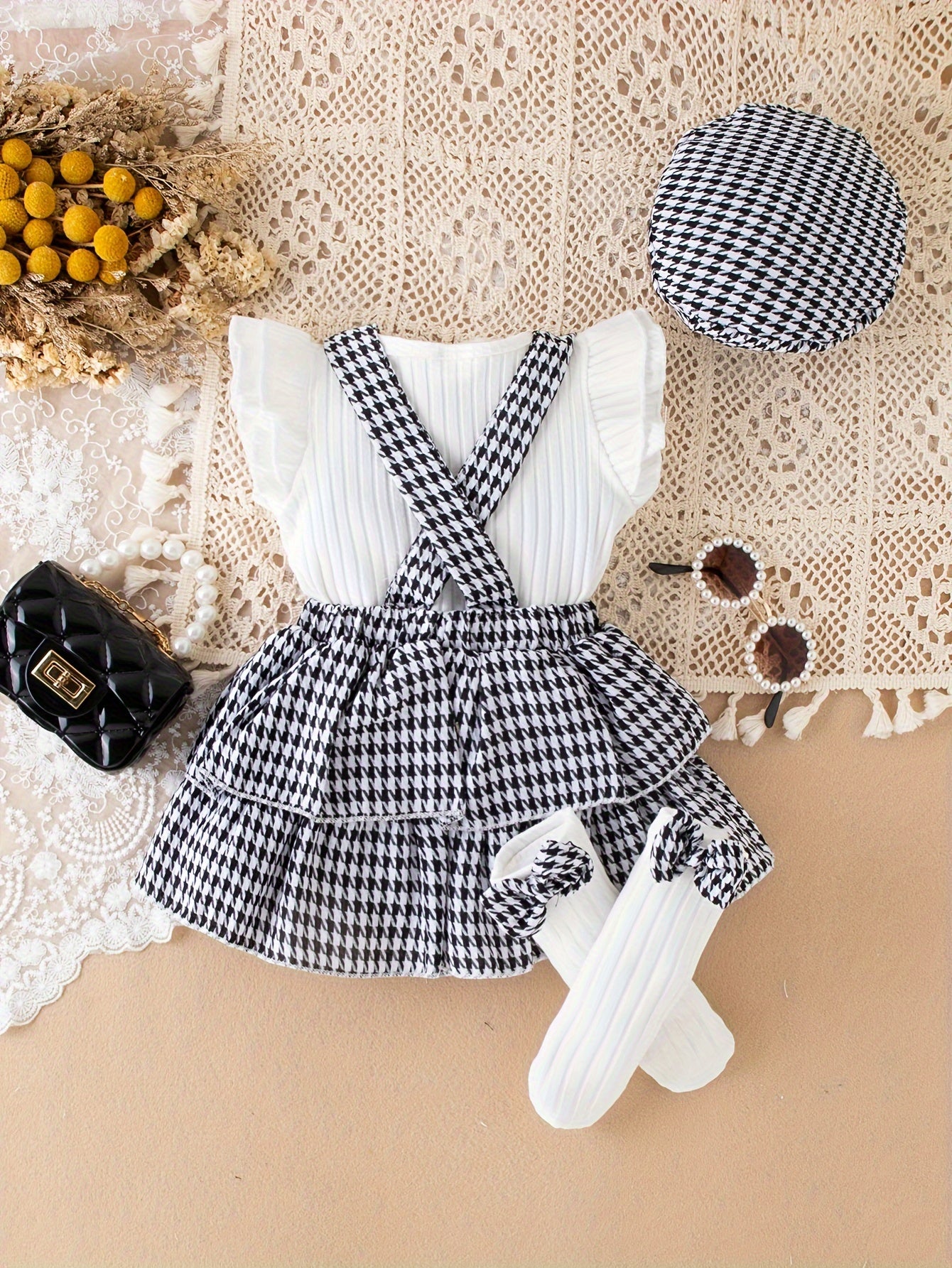 Baby's Stylish Houndstooth Pattern Cap Sleeve Ribbed Top & Overall Layered Skirt Set