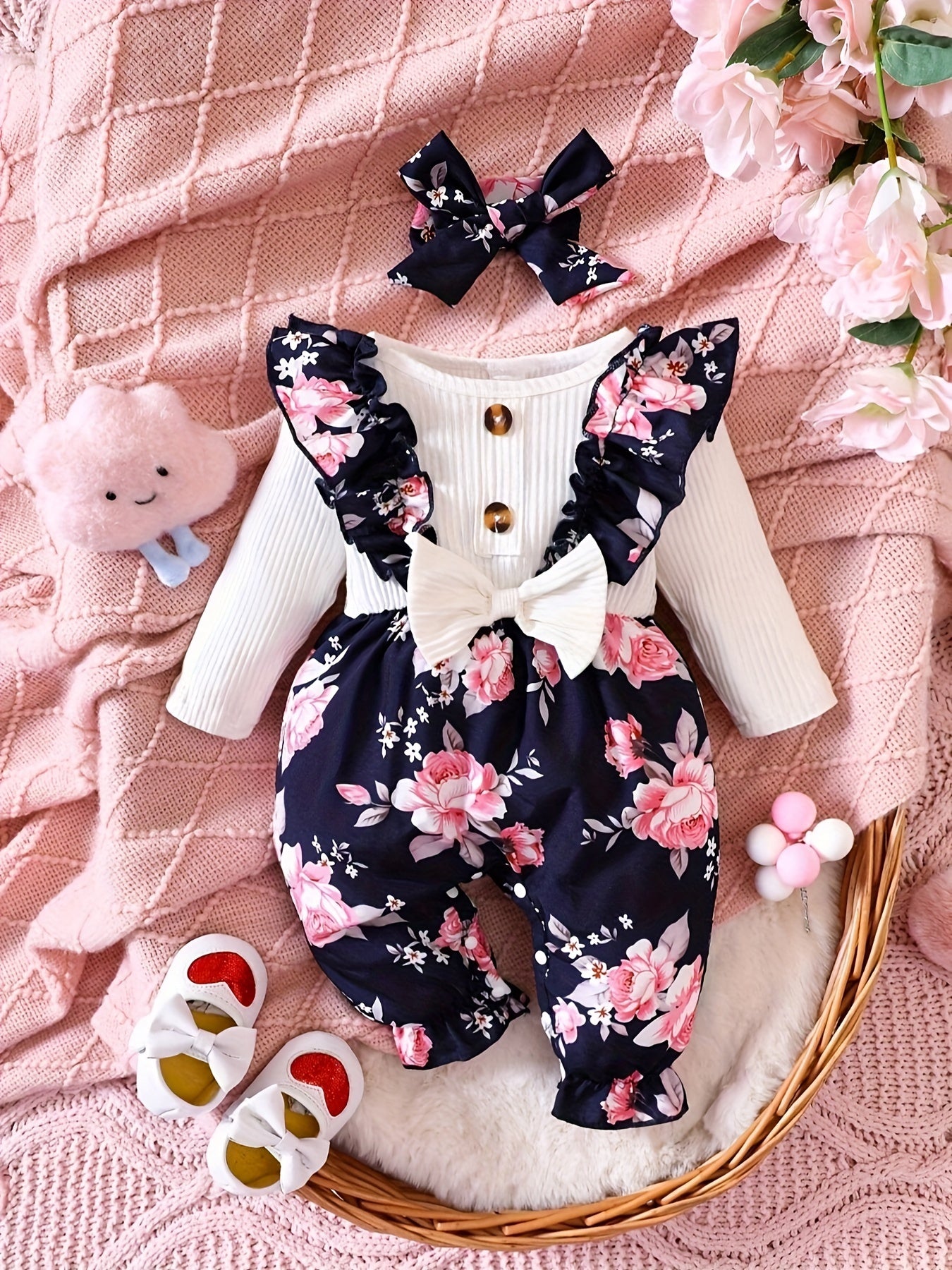 Baby's Bow Decor Flower Pattern Faux Two-piece Long Sleeve Romper