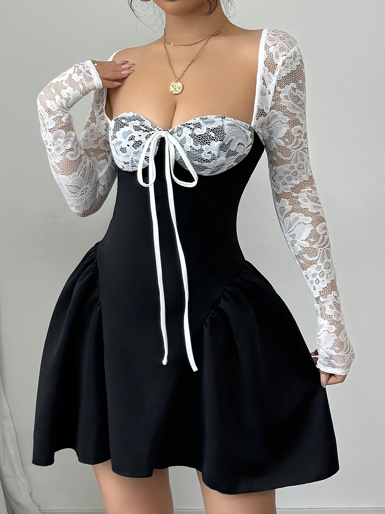 Lace Trimmed Whirl Delight Mini Dress