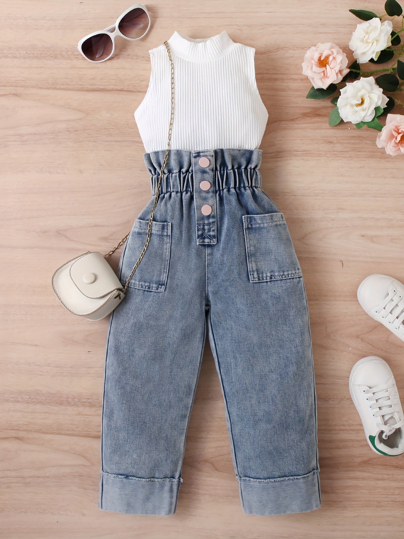 Girls Solid Sleeveless Top  Button Decor Paperbag Waist Denim Pants Set