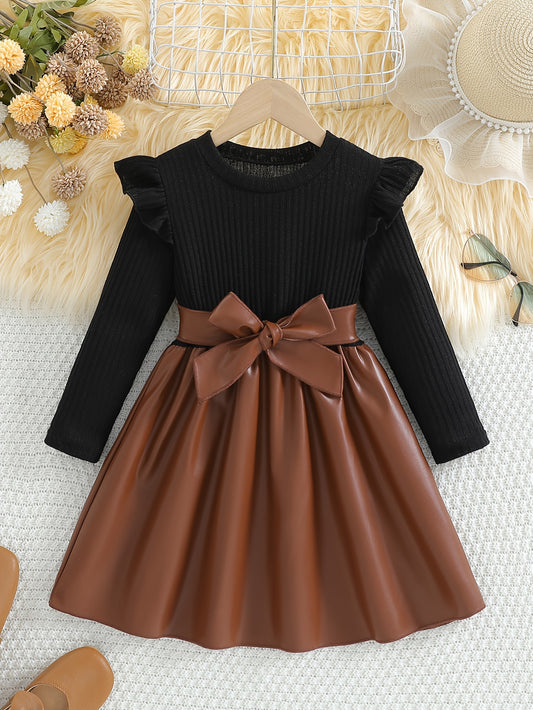 Chic Girls' Solid Color Ruffle-Trim Long Sleeve Dress with Belt