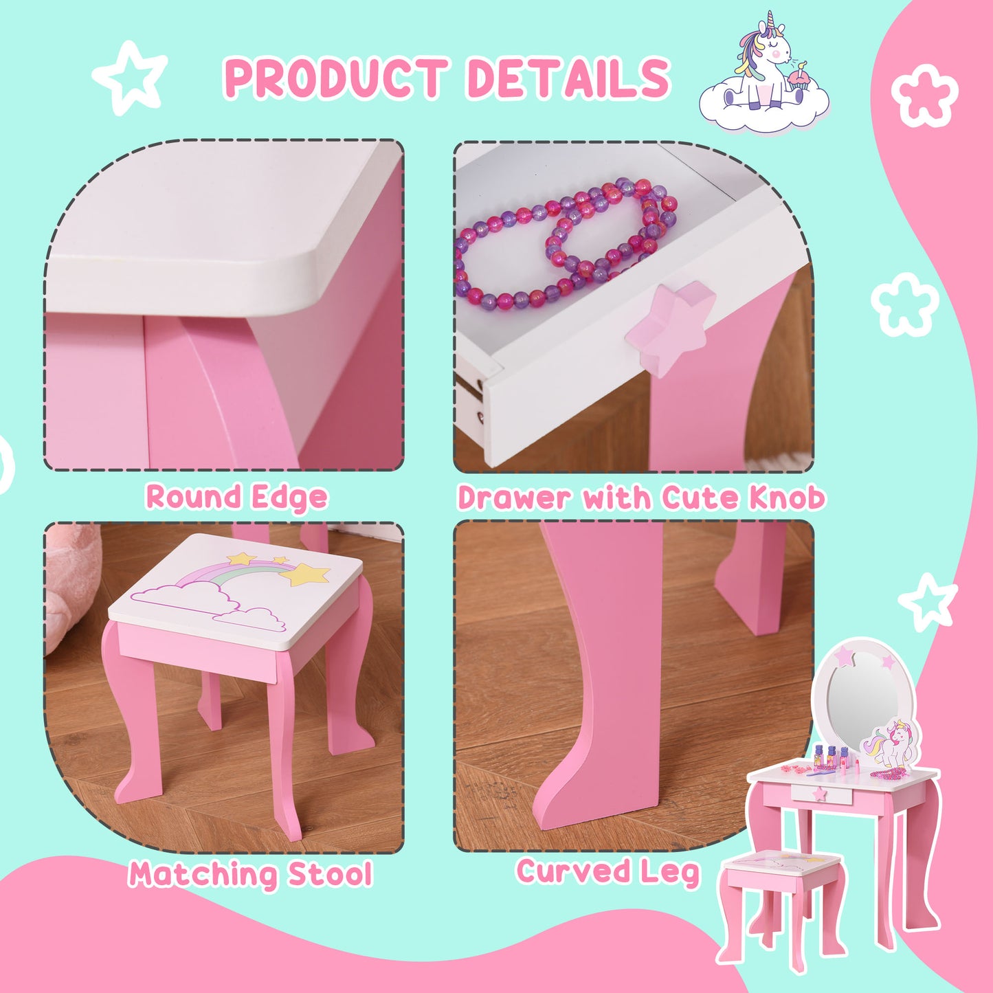 Girls Dressing Table with Mirror, Stool, Kids Dressing Table