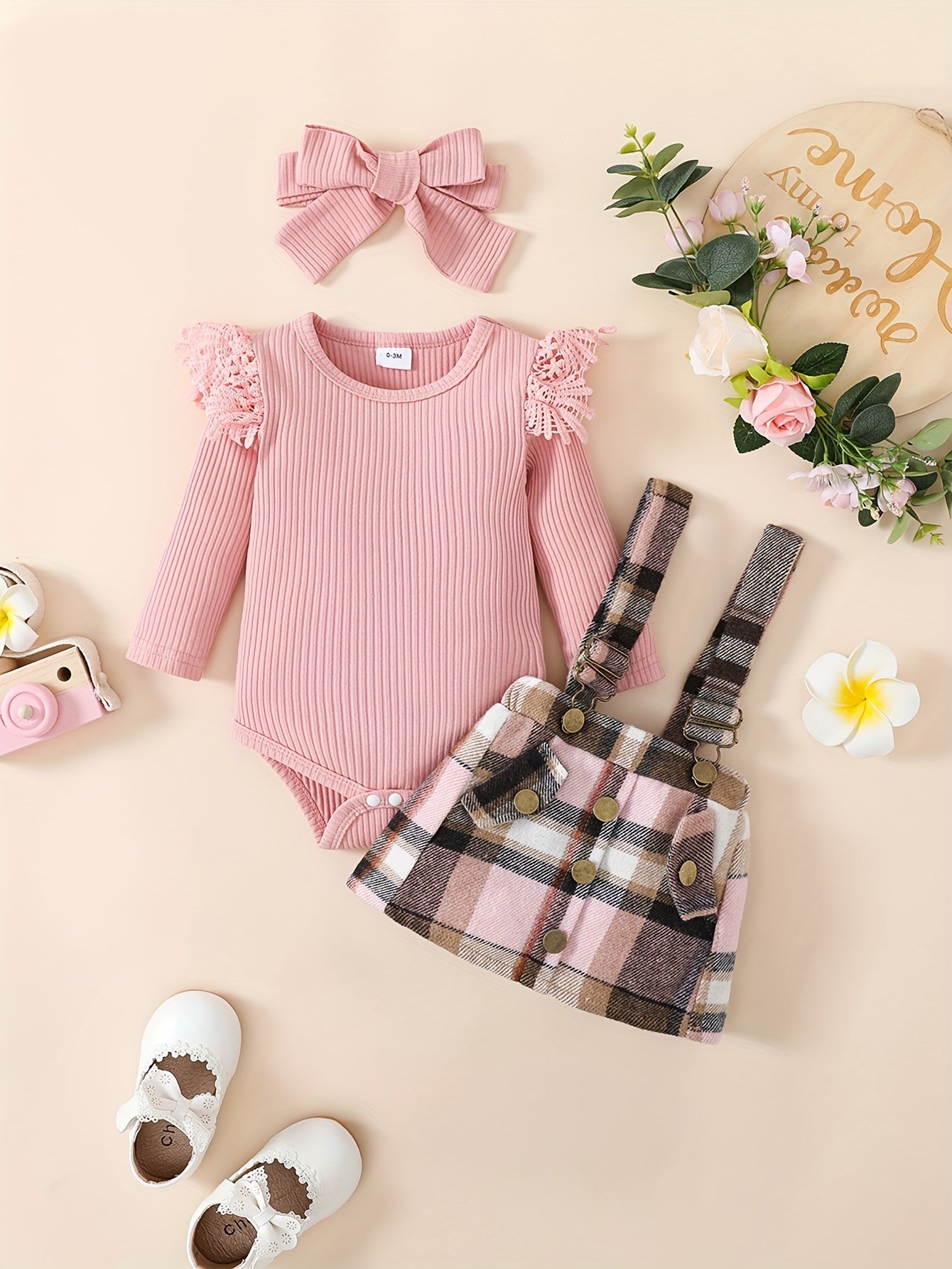 Cozy Cotton Blend Long Sleeve Romper, Plaid Skirt with Adjustable Straps & Matching Headband